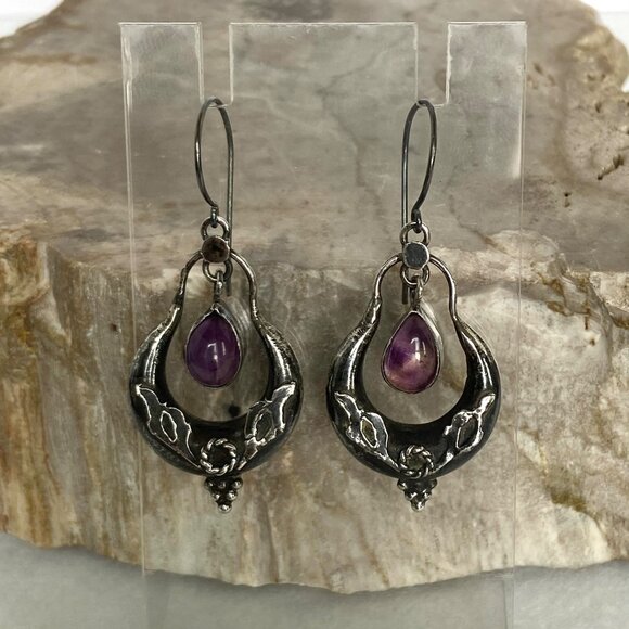 VTG Oxidized Sterling Silver 925 1.86" Amethyst Cabochon Dangle Drop Earrings - Picture 2 of 16